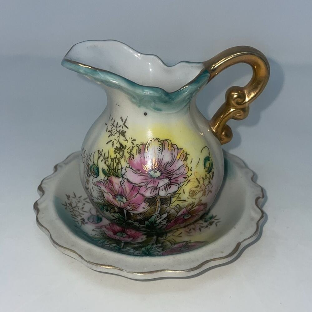 Lefton Pink Floral Miniature Creamer Pitcher w/ Underplate Saucer
